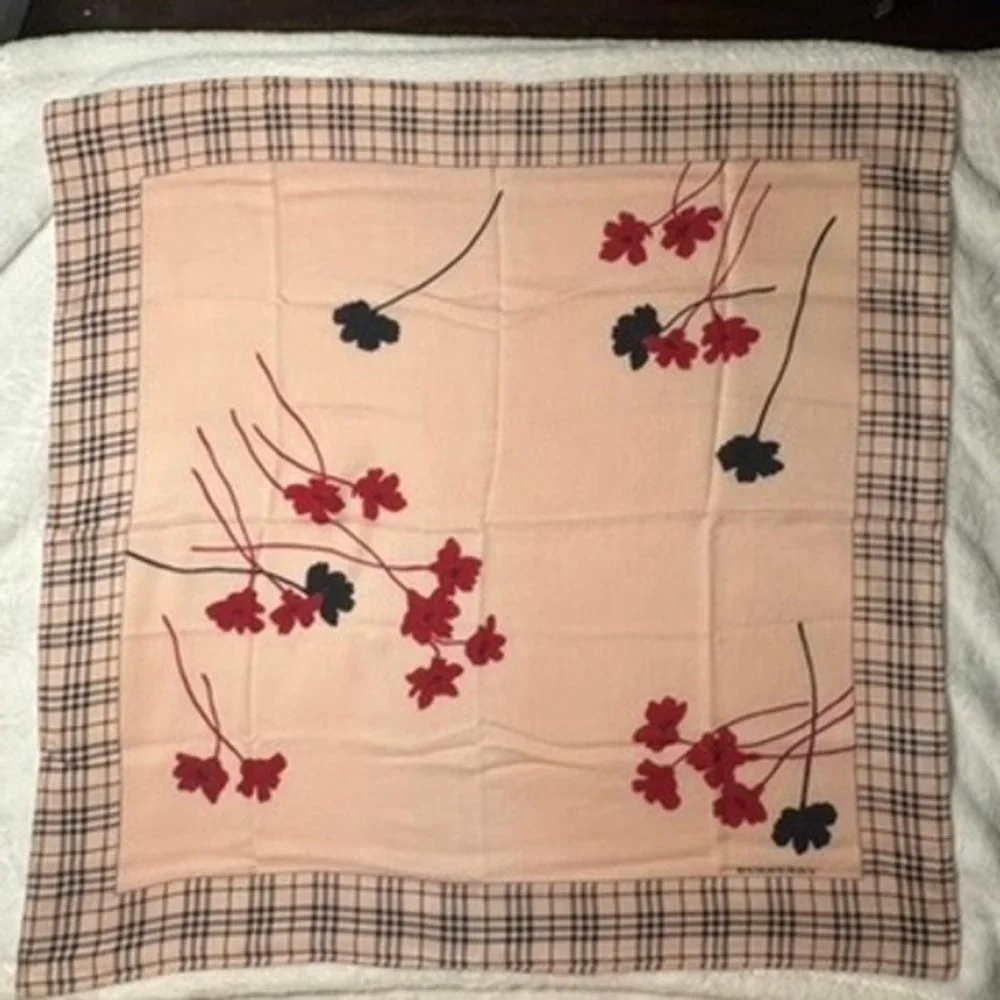 Vtg BURBERRY Scarf Handkerchief Floral Nova Check Pink 23x23